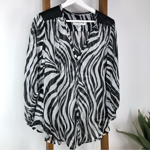 FIFTEEN Twenty black/white zebra silk blouse with leather Large - Picture 2 of 10